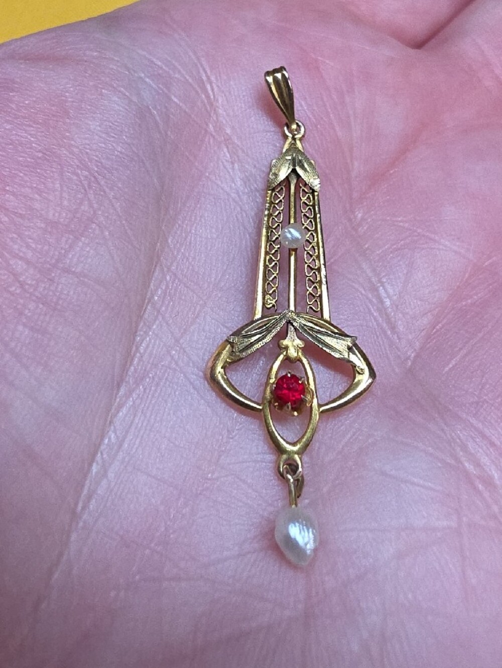 Authentic Edwardian 10K Gold Lavalier Pendant Necklace Drop Ruby Pearl - Picture 3 of 11